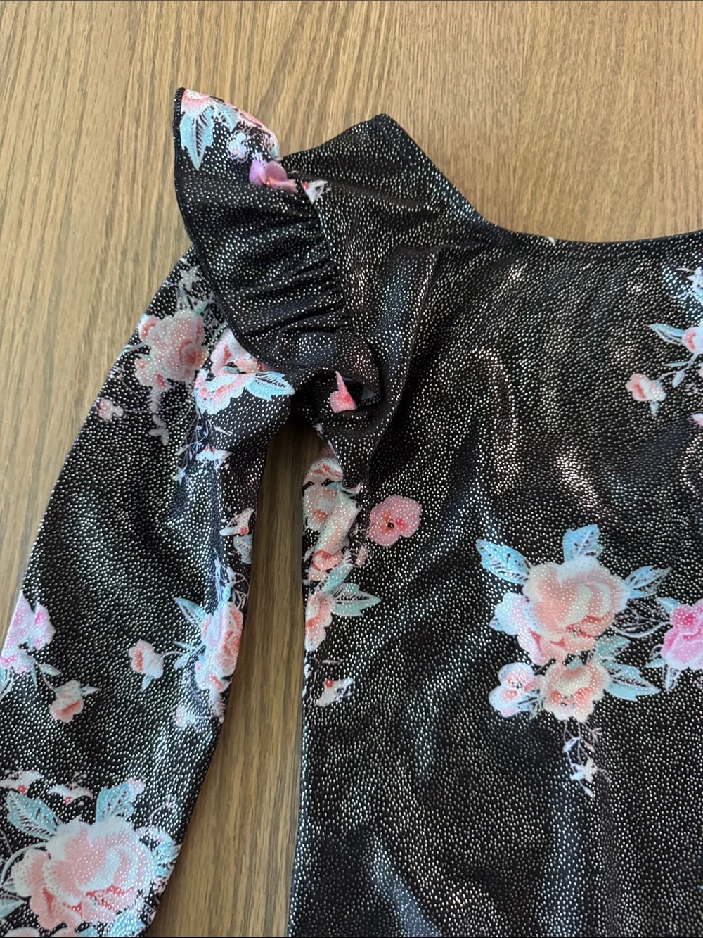 Black Floral Long-Sleeve Dance Leotard with Pink Accents